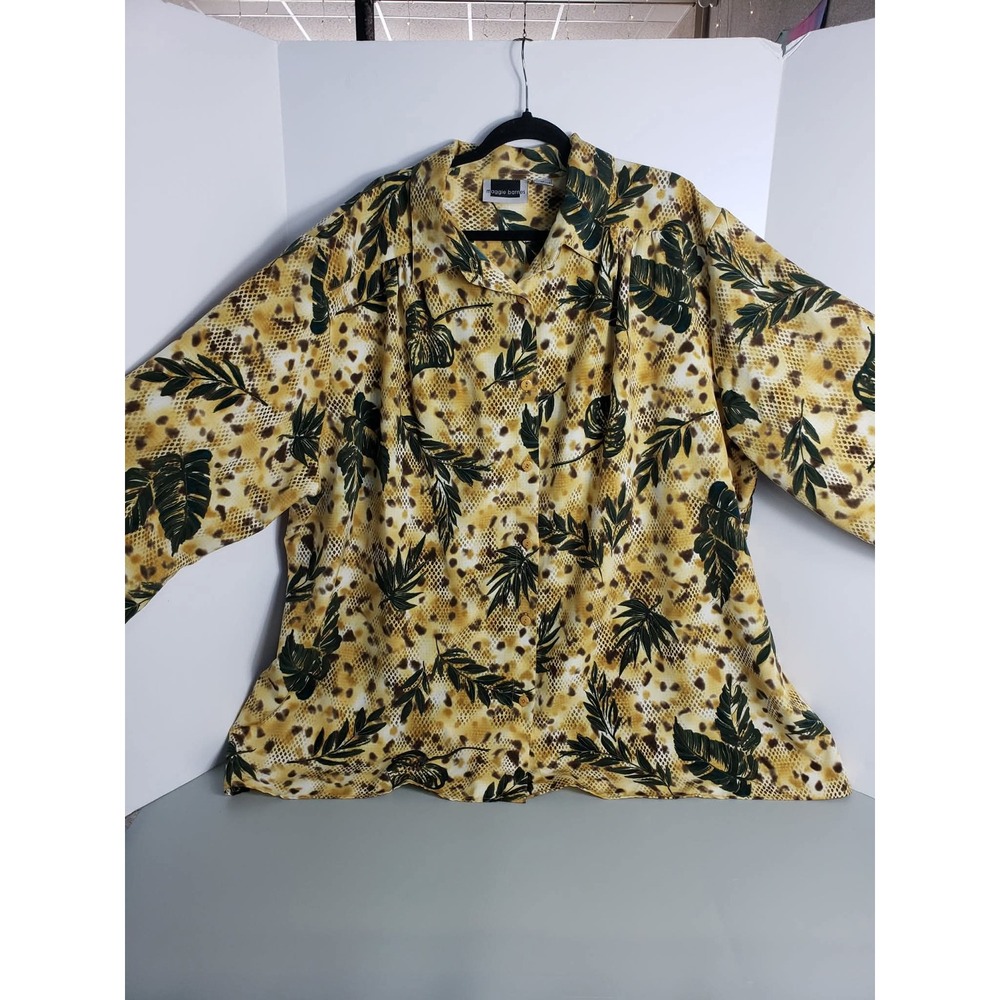 Maggie Barnes Women 3X Tropical Leaf Animal Print Button Front Blouse Plus Size